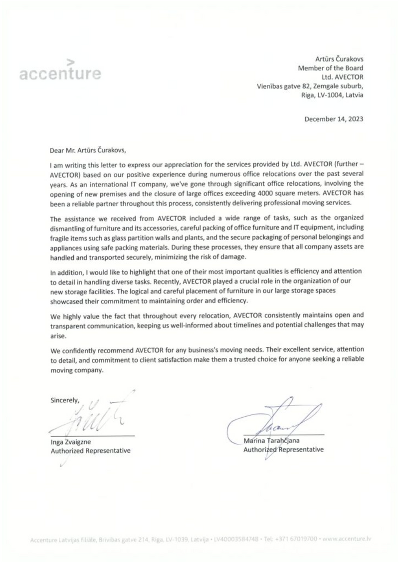Written testimonial from Accenture praising AVECTOR Group for professional office moving, careful packing, and reliable relocation services.