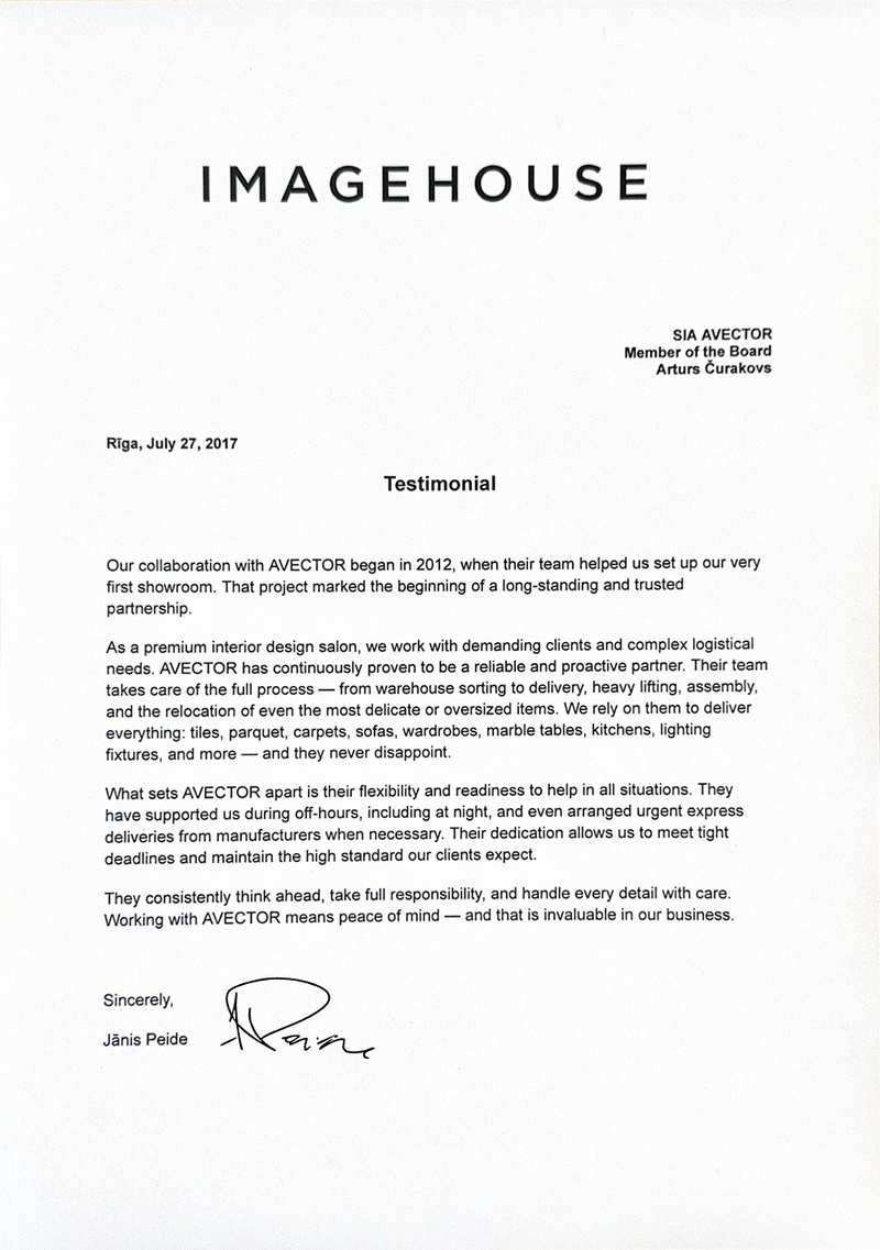 Written testimonial from Imagehouse, Riga, thanking AVECTOR Group for reliable relocation services, flexibility, and careful handling of furniture and interior items.