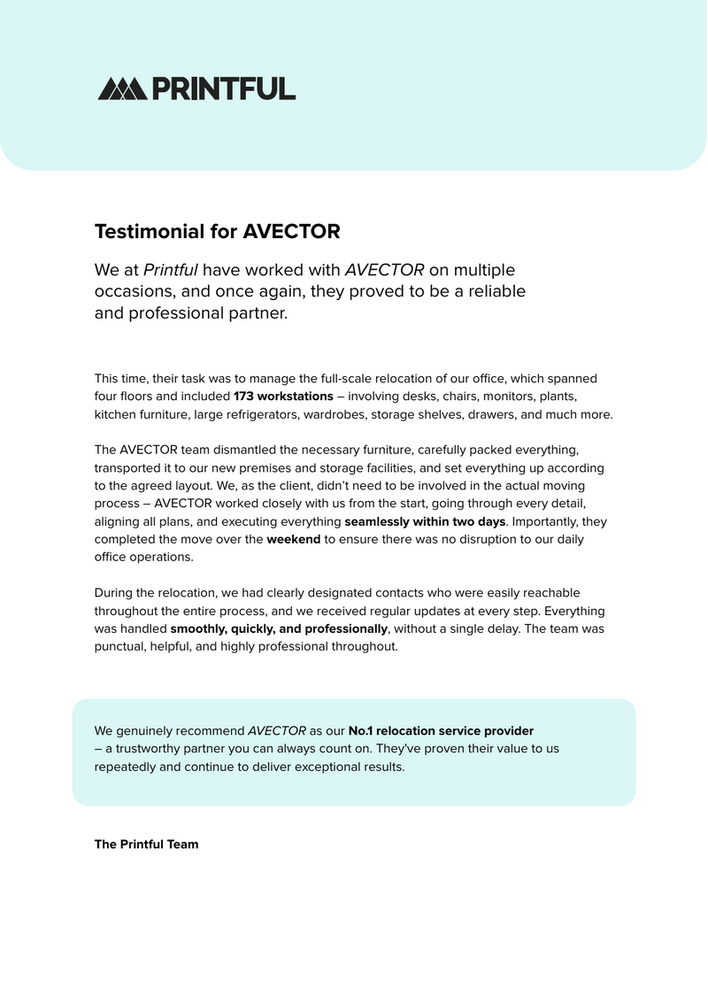 Printful testimonial for AVECTOR on a light blue background